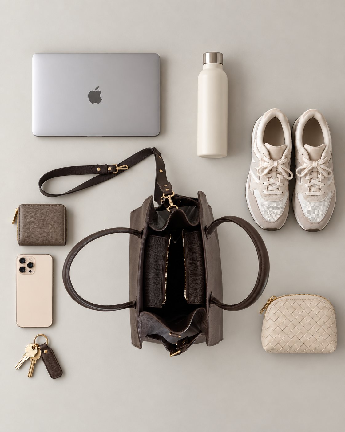 What fits in the LISHÉ Vira Moka: laptop, water bottle, trainers, wallet, phone, keys and makeup pouch