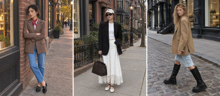 Three outfits from this guide: brown houndstooth blazer; open black blazer; camel oversized blazer