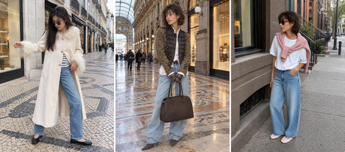 Three outfits from this guide: feather-trimmed cream coat; a fitted military jacket and pale straight jeans; pink knit