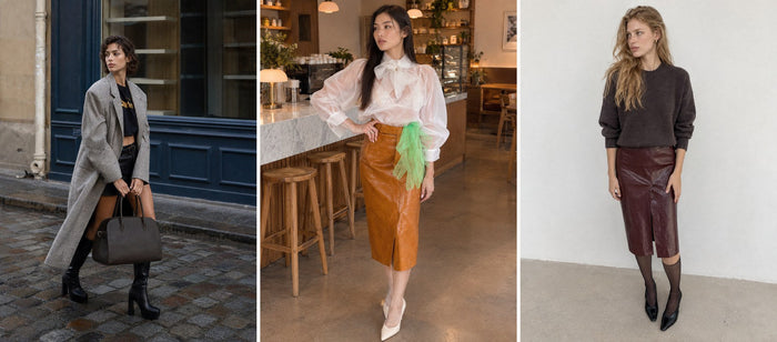 Three outfits from this guide: plaid blazer-coat over a graphic t-shirt and black mini skirt; white organza bow blouse; dark brown oversized knit