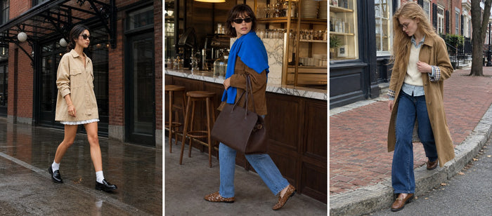 Three outfits from this guide: white ruffled mini dress under a beige shirt jacket; blue scarf; gingham lined camel trench