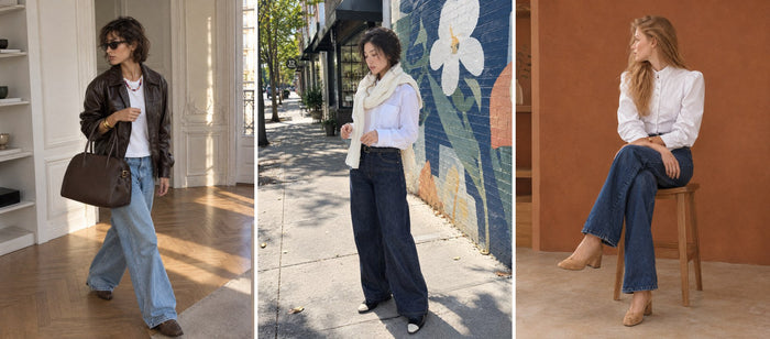 Three outfits from this guide: glossy dark brown leather jacket; cream cable-knit scarf; white victorian-style blouse
