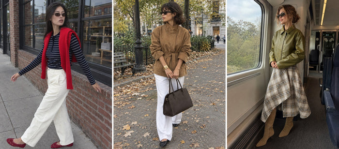 Three outfits from this guide: red knit over navy stripes and white trousers; camel suede and white wide-leg denim; asymmetric plaid skirt