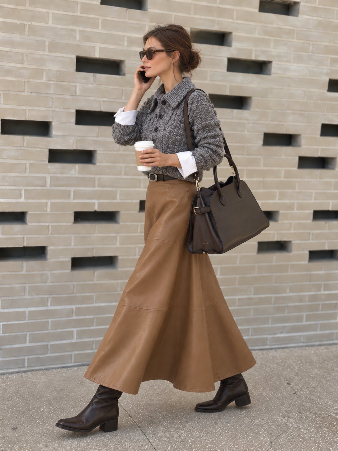 Woman walking with the LISHÉ Vira Moka on the long shoulder strap, hands free